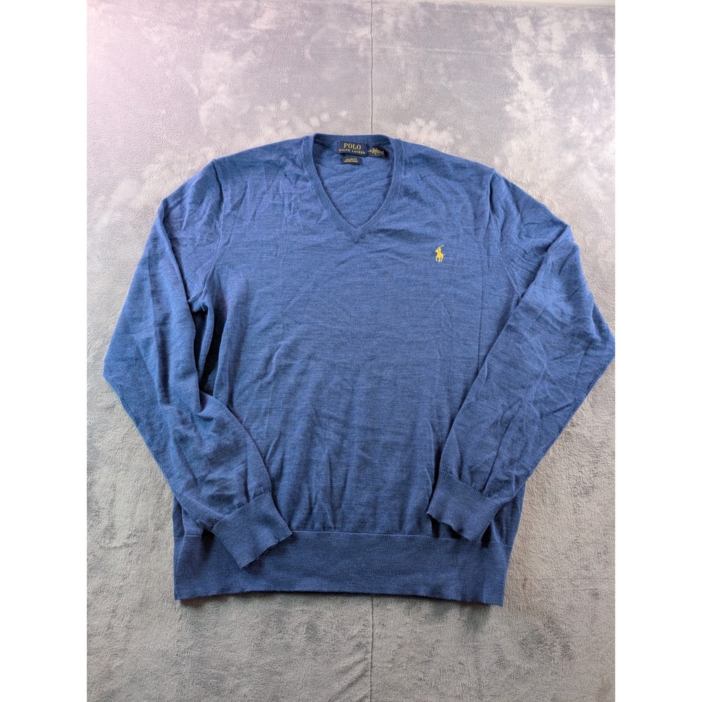 Polo Ralph Lauren Merino Wool V-Neck Sweater Blue Custom Fit Mens Large